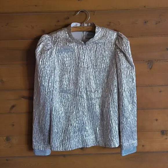 Rachel Comey Blouse Bar Textured Top Champagne 4 Metallic Crinkle Puff Sleeve - Picture 2 of 10